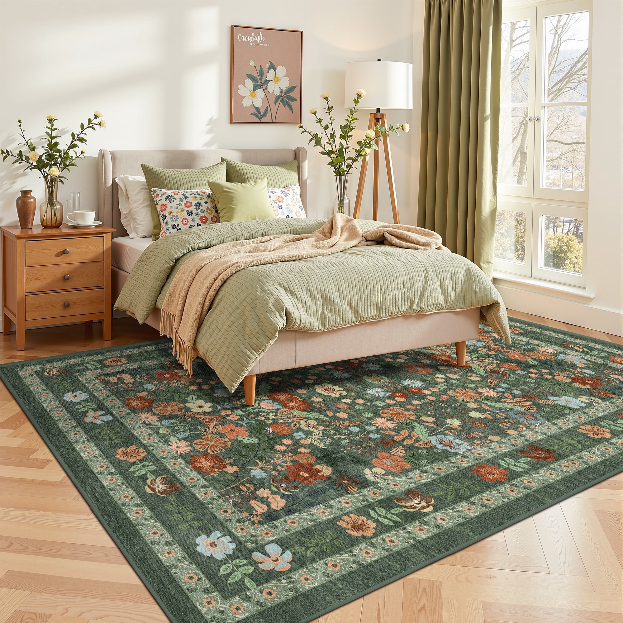 ATHOPE 6x9 Area Rugs for Living Room Bedroom, Floral Washable Soft Low Pile Rug with Non-Slip Backing, Large Vintage Distress Print Pattern Carpet, Green Floral