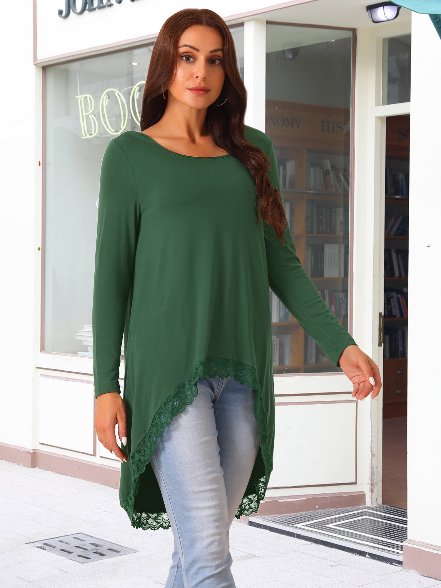 DARING DIVA Women's High Low Hem Lace Trim Flowy Blouses M Deep Green