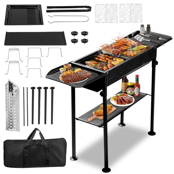Portable Outdoor Charcoal Grill Foldable Kabob Barbecue Grill w/ Storage Holder