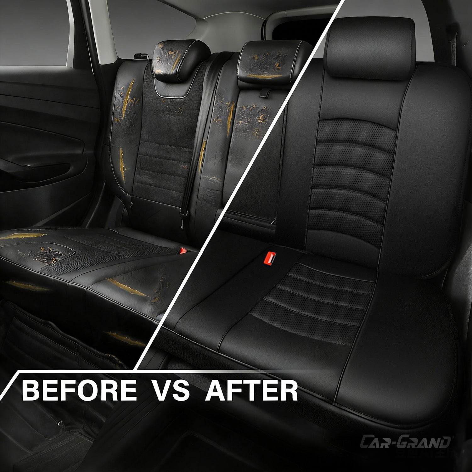 CAR GRAND PU Leather Car Seat Covers, Universal Fit Rear Bench covers for Trucks SUV Sedan Automotive Seat Protectors Armrest Waterproof 3D Foam Comfortable Faux Nappa Leather Black