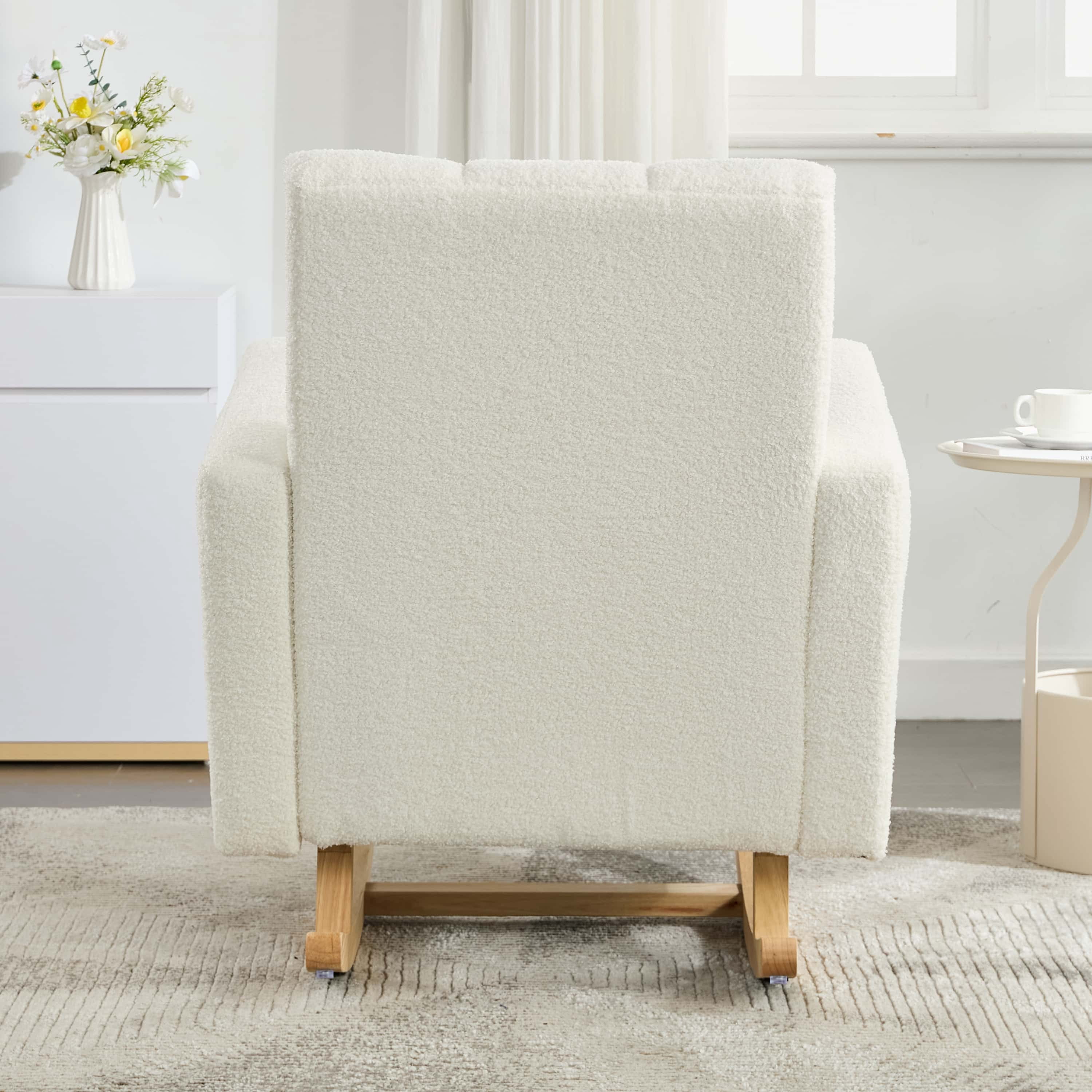 Miniyam Accent Rocking Chair with Pillow, Teddy Velvet,Cream White