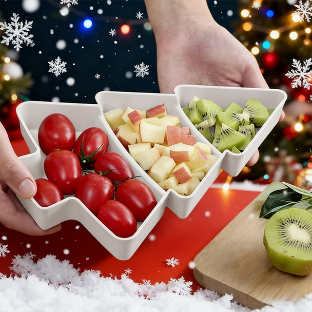 BAOPAI 2 Pcs Plateau à Collations en Forme de Sapin de Noël avec 3 Compartiments Assiette de Service Incassable pour Décoration de Fête de Vacances et Usage Quotidien