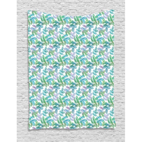Leaves Tapestry, Composition of Foliage Detailed Arrangement with Ornate Nature Illustration, Wall Hanging for Bedroom Living Room Dorm Decor, 40W X 60L Inches, Green Blue White, by Ambesonne