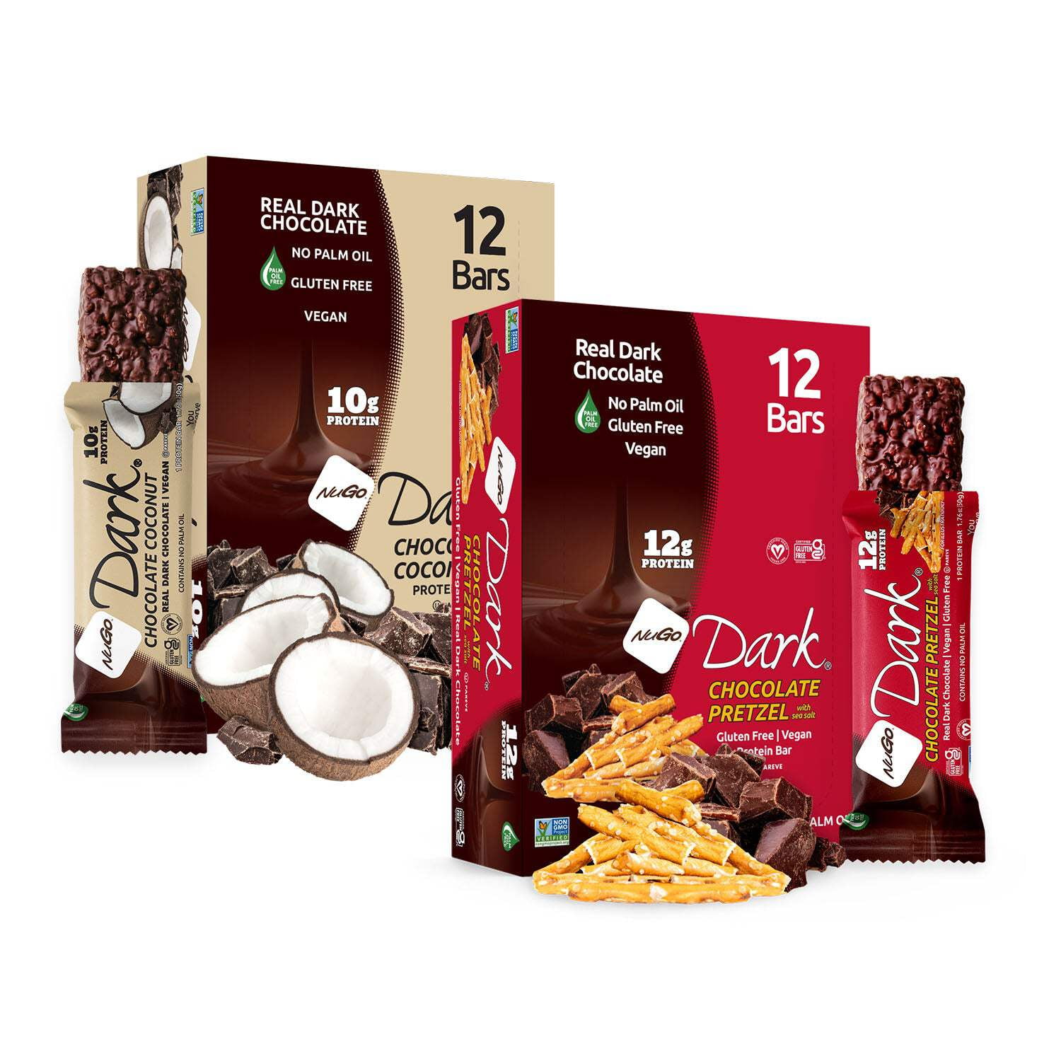 NuGo Dark Variety - Chocolate Pretzel 12 Bars & Chocolate Coconut 12 Bars, 10-12g Protein, Vegan, Gluten Free, Kosher Pareve, 24 Count