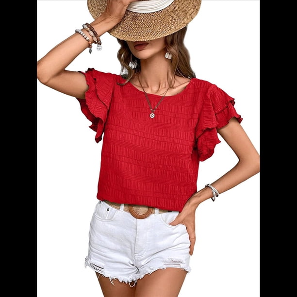 Camisas de Verano para Mujer, con Volantes, Corta, Cuello Redondo, con Textura, Elegantes Blusas de Negocios para Mujer, Elegantes e Informales Rojo XL