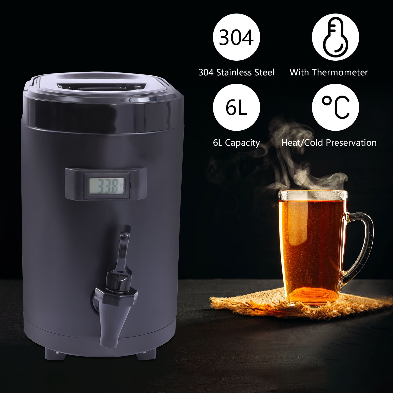 Miumaeov Insulated Beverage Dispenser – Food-grade 304 Stainless Steel Insulated  Thermal Hot and Cold Beverage Dispenser with Thermometer 12L-Square (Black)  