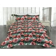 thumbnail image 2 of Ambesonne Retro Quilted Bedspread Set 3 Pcs, Horizontal Lines Poppies Art, Queen, Dark Pink and Jade Green, 2 of 4