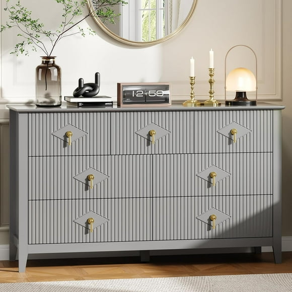 Fluted Dresser for Bedroom, 54 Inch Wide 7-Drawer Wood Dresser, Modern Chest of Drawers, Storage Organizer Cabinet for Living Room, Hallway, Entryway, Grey