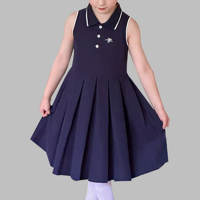 WUXIAN Robes Filles Décontractées Sans Manches Uniformes Scolaires Robes à Volants Robe Polo avec Nœud Brodé Robe Débardeur pour Usage Quotidien Robe, Marine, 2-3 Ans