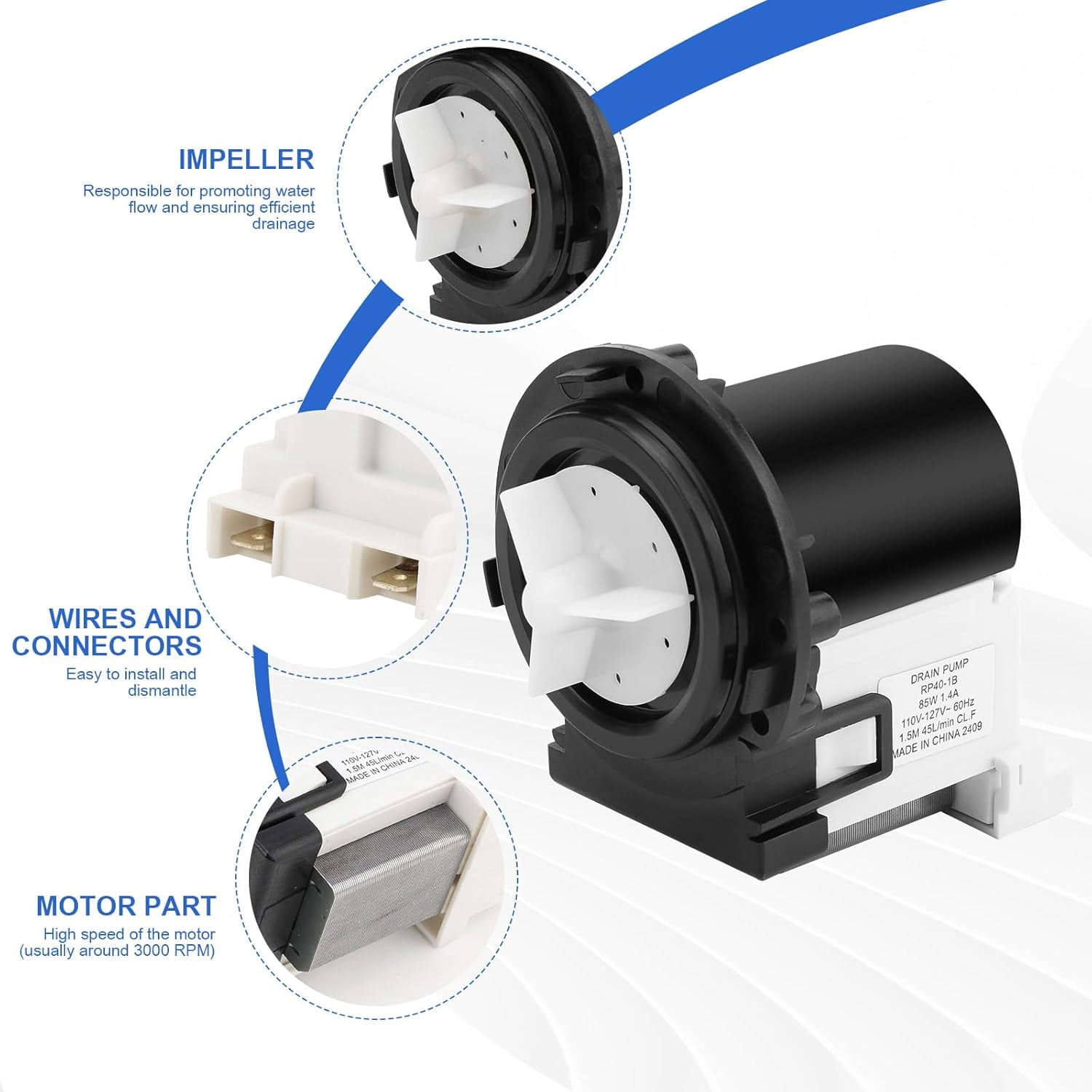 4681EA2001T Washer Drain Pump Motor Replacement for Kenmore & LG - 4681EA1007G AP5328388 4681EA1007D - and More, fits for WM2101HW WM3270CW WM3431HS WM3770HVA
