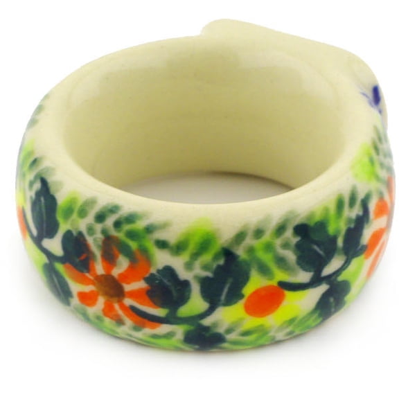 Polish Pottery 2-inch Napkin Ring (Bold Poppies Theme) Signature UNIKAT Hand Painted in Boleslawiec, Poland Certificate of Authenticity