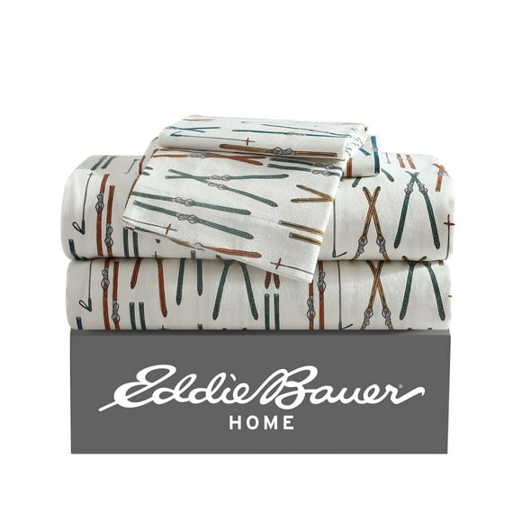 Eddie Bauer - Twin Sheets, Cotton Flannel Bedding Set, Brushed For Extra Softness, Cozy Home Decor (Ski Line White, Twin)