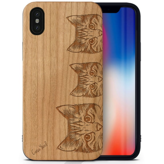 Case Yard Wooden Case Outside Soft TPU Silicone, Slim Fit Shockproof Wood Protective Phone Cover for Girls Boys Men and Women, Supports Wireless Charging Kittens Design case for iPhone-X