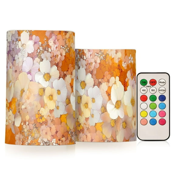 Orange Gradient Watercolor Flower Flickering Flameless Candles Battery Operated with Remote Timer LED Pillar Candles Set of 2