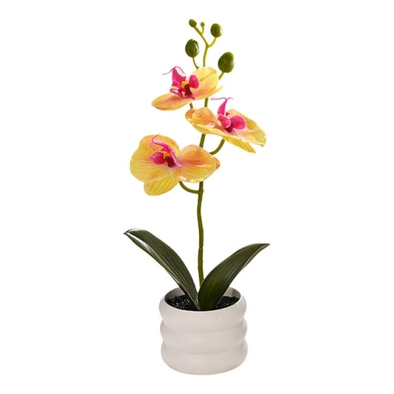 Ruhiku GW Realistic Artificial Phalaenopsis Orchid - Plastic Everlasting Flower with Weighted Pot, Faux Plant for Wedding Décor, Home & Commercial Spaces​​ (Yellow)