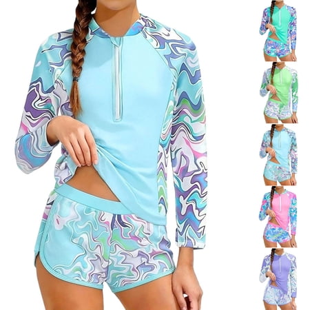 VBTAPA Girls Rash Guard Swimsuits Floral Print 2 Piece Bathing Suit UPF 50+ Summer Beach Swimwear Purple 13-14 Years