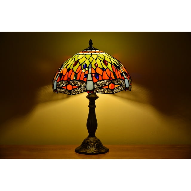 Tiffany Style Dragonfly Table Lamp Bedside Desk LED Lamp Living Room Stained-Glass 18.1'' Height Multi-color