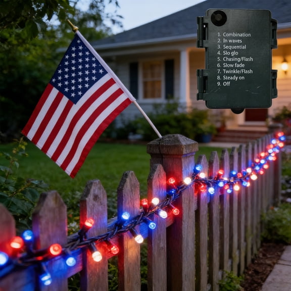 Red White and Blue String Lights Battry Operated with Timer Waterproof, 4th of July String Lights39ft LED Indoor Outdoor Memorial Day Patriotic Decorations Garland Party Patio Garden Yard