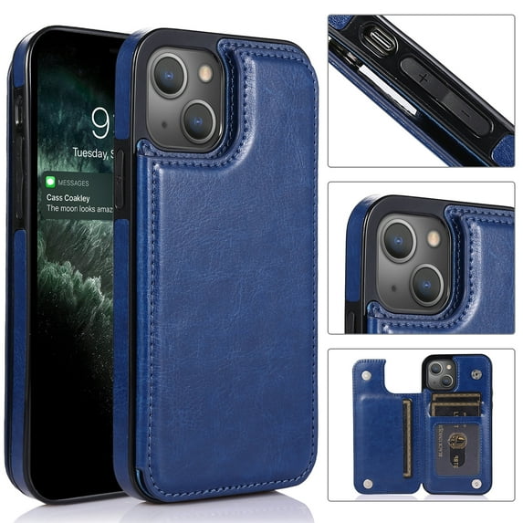 Feishell for Apple iPhone 13 mini Wallet Case with Card Holder,Double Magnetic Clasp Back Flip Kickstand Durable PU Leather Shockproof Card Slots Protective Phone Case for Women Men,Darkblue