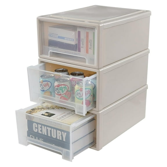 18 L Plastic Storage Drawer Unit, Stacking Desktop Drawer Boxes, 3 Pack Beige