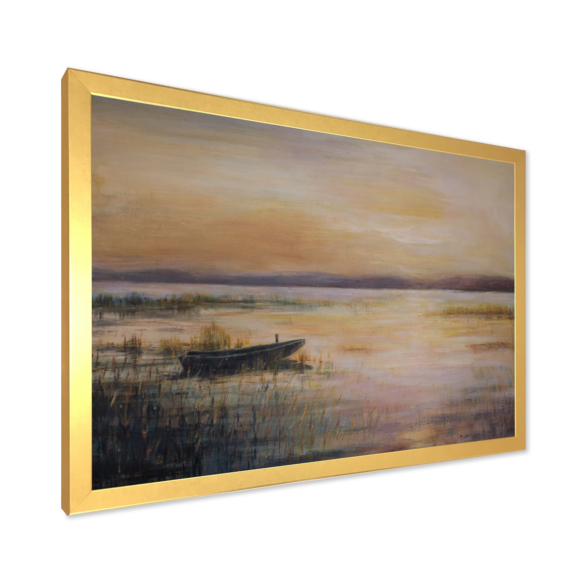 Designart 'Pastel Boat Sunset Over The Lake' Nautical & Coastal Framed Art Print