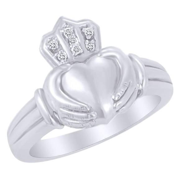 AFFY White Natural Diamond Claddagh Men's Ring in 14k White Gold (0.03 Cttw) Ring Size : 4