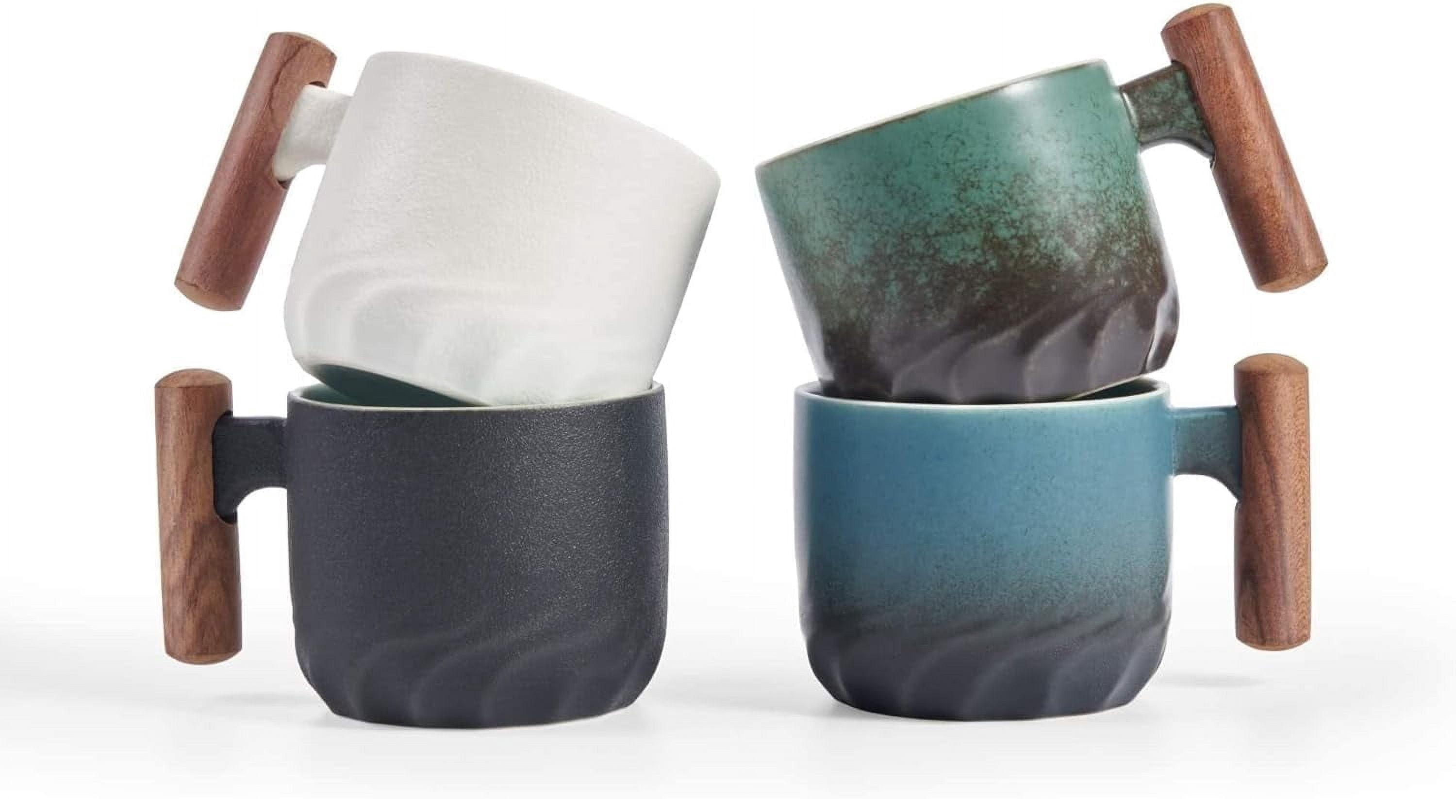 Ceramic Espresso Cups with Wooden Handle Shot Tea Porcelain Demitasse for Coffee or Tea, 2oz (black, 2)