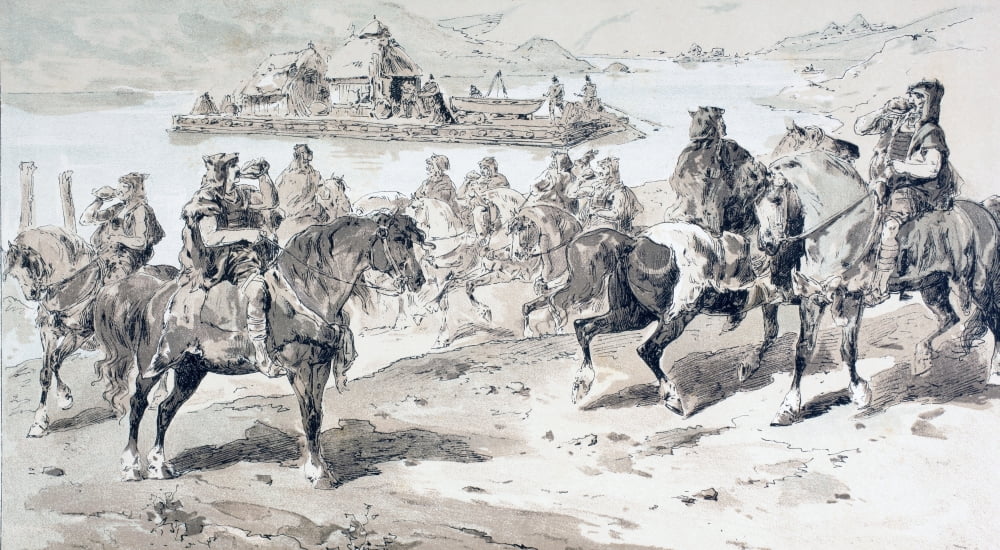 A Primitive Raft With Stern Oars Men On Horses Blowing Conches After A Watercolour By A Heins From Cortege Historique Des Moyens De Transport Published Brussels 1886 Canvas Art - Ken Welsh Design Pic