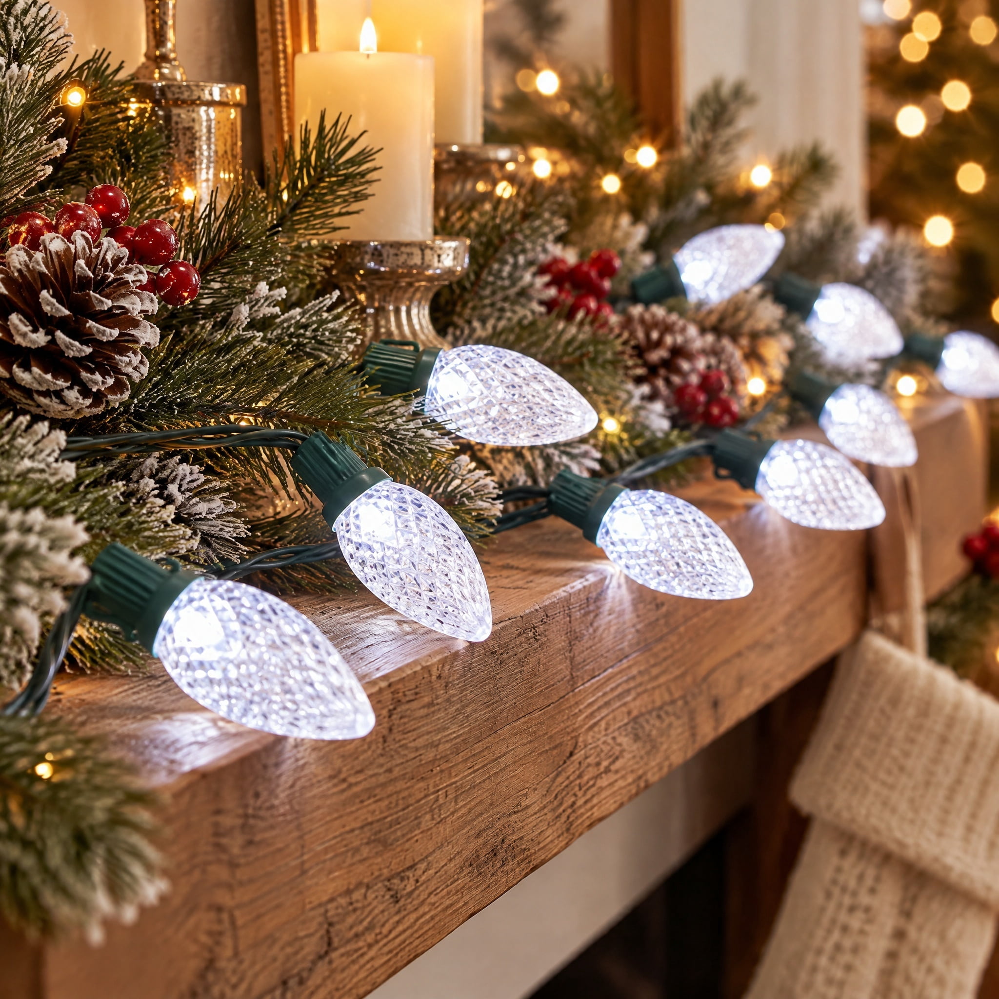 Indoor/Outdoor 100-Count LED Diamond-Cut C9 Christmas String Lights, Cool White, Green Wire, 58.5', by Holiday Time