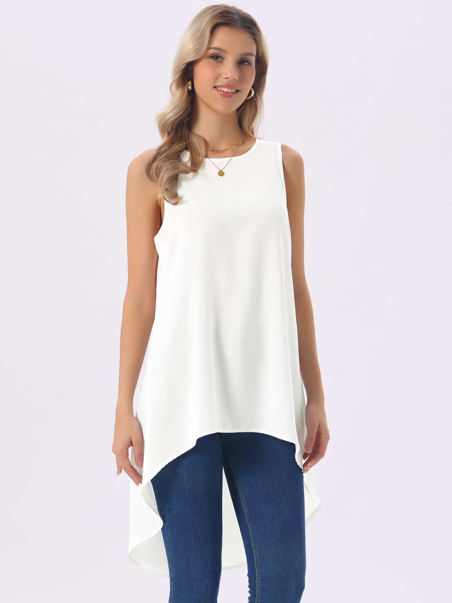DARING DIVA Women's High Low Sleeveless Crewneck Asymmetrical Blouse M White