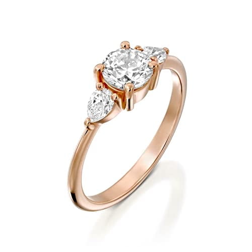 HeartsAndYou 1ct Engagement Ring for Women Round Cut Moissanite Pear Accent Trilogy 18k Rose Gold Over Silver