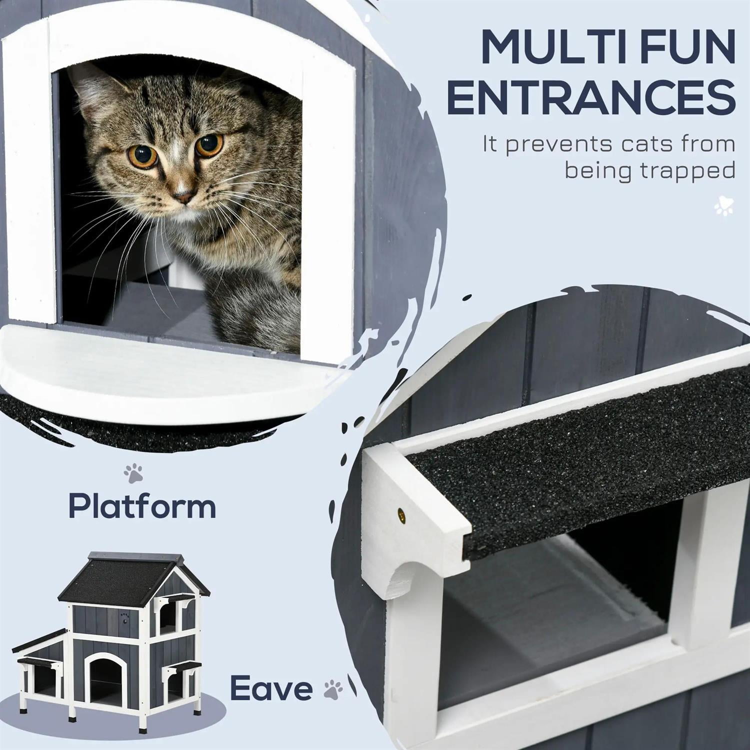 Pefilos 37" Outdoor Weatherproof Cat House with Garden Bed, Multiple Entrances, Wooden Feral Shelter for Cats and Small Animals, Gray