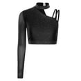 thumbnail image 3 of Xnihocha Women's Latin Jazz Dance Top One Shoulder Long Sleeve Rhinestone Crop Tops Ballet Dancewear Black S, 3 of 5