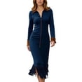 thumbnail image 5 of Women's Dress Long Sleeve Solid Color Western Suede Fringe Slim Fit Boho Chic Midi Dress for Spring Fall Casual,Navy,2XL, 5 of 5