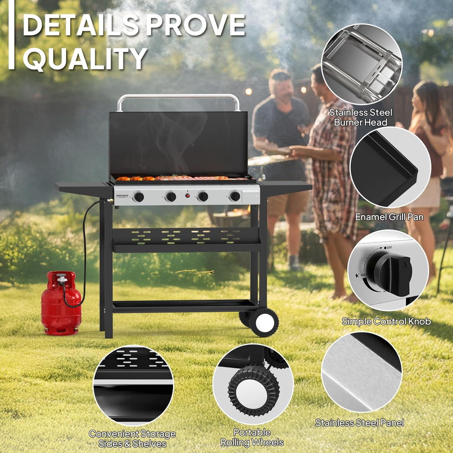TUFFIOM 4 Burner Portable Propane Griddle with Enameled Tray & Lid, 40000 BTU Rolling Flat Top Gas Grill with Electronic Ignition & Regulator for Outdoor Cooking Camping BBQ Tailgating