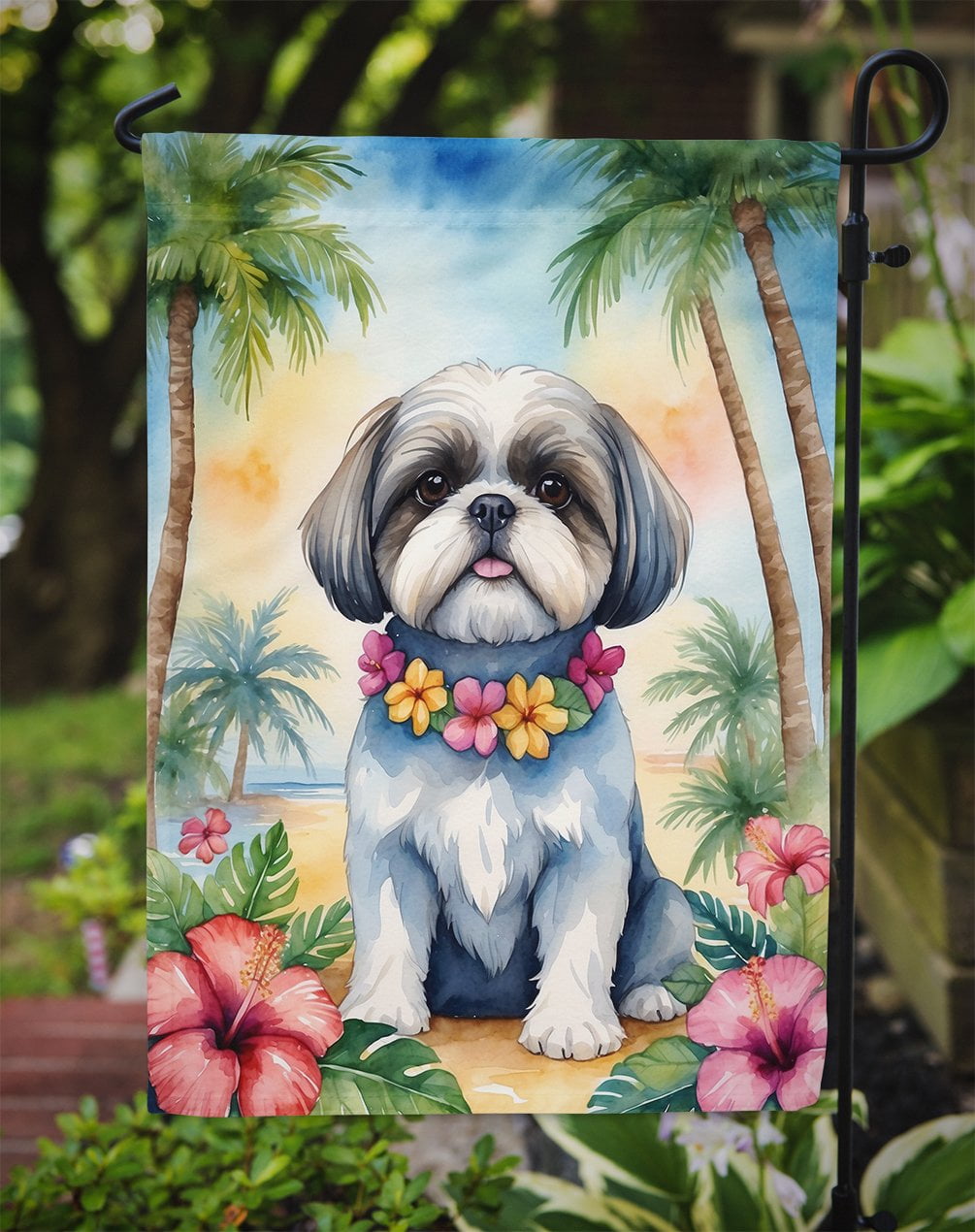 Shih Tzu Luau Garden Flag 11.25 in x 15.5 in