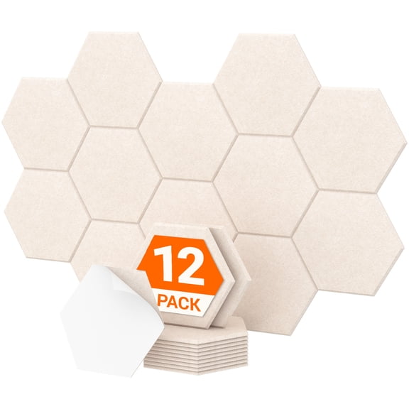 12 Pack High Density Hexagon Acoustic Panels, TONOR 12"x 10"x 0.4" Soundproof Wall Panels, Sound Absorbing Panels for Interior Wall Décor, Peel and Stick Modern for Studio, Office, Home, Beige