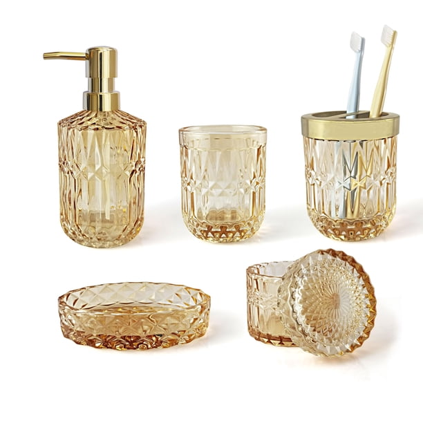 Juego de accesorios de baño LaMarriti Clear Gold, 5 piezas, cristal