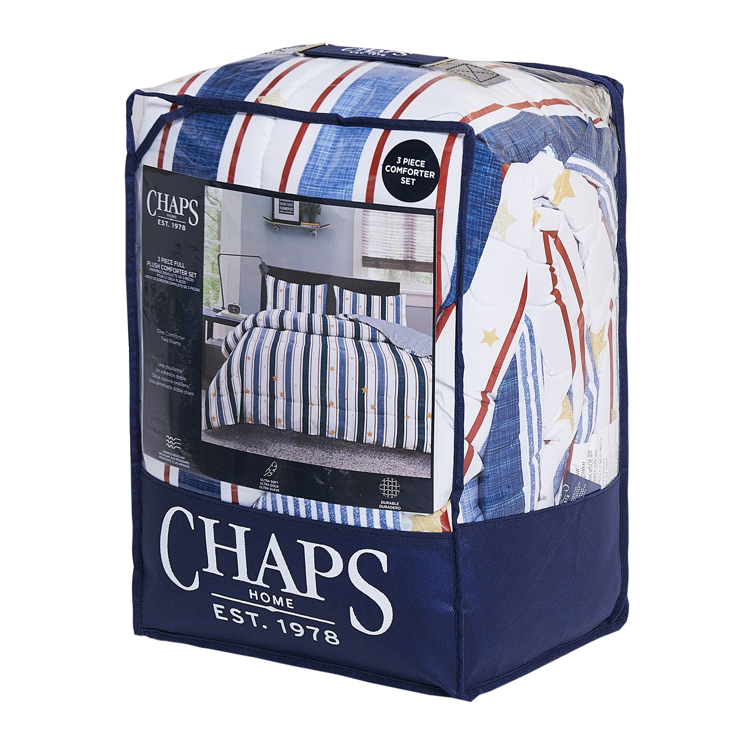 Chaps Boys Comforter Set 2-Piece Reversible Microfiber Kids Comforter Sham Striped Bedding - Red/Blue - Size Full