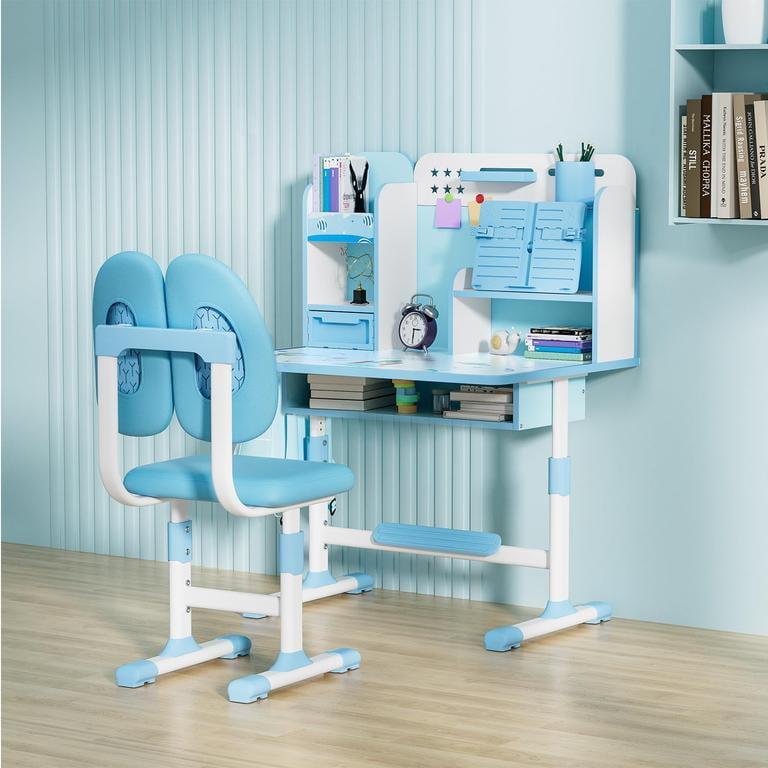 YNCE Kids Desk and Chair Set, Height Adjustable Kids Desk with Storage Drawers and Bookshelf, Ergonomic Desks for Kids, Curved Desktop Reading Writing Table (Blue #1)