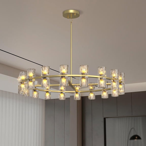 Resenkos 36-Inch Round Modern Chandelier with K9 Crystals and Gold Finish, Elegant Crystal Light Fixture for Dining Room or Foyer, Gold
