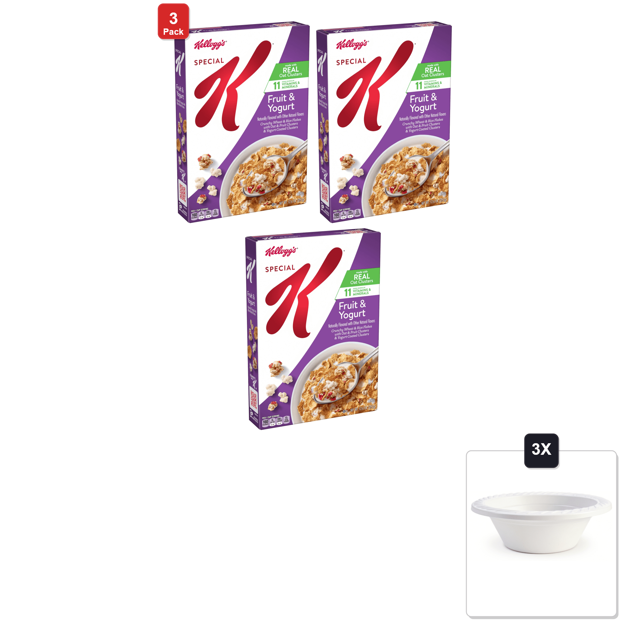 3 Pack | Kelloggs Special K Breakfast Cereal, Fruit And Yogurt, 12.6 oz & 3x 12oz Disposable Plastic Bowl