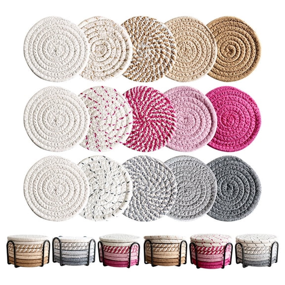 4PCS Round Woven Rope Beverage Coasters with Space Saving Holder, Moisture Absorbent Fabric Drink Mats, Soft Heat Proof Table Countertop Protectors for Desk, 4.33", AKLJWH