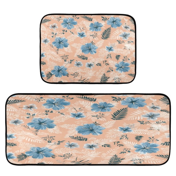 2-Piece Kitchen Mat Set Non Slip Washable Floor Mats Decorative Rugs for Kitchen Sink Laundry Blue Flowers and Pink Leaves