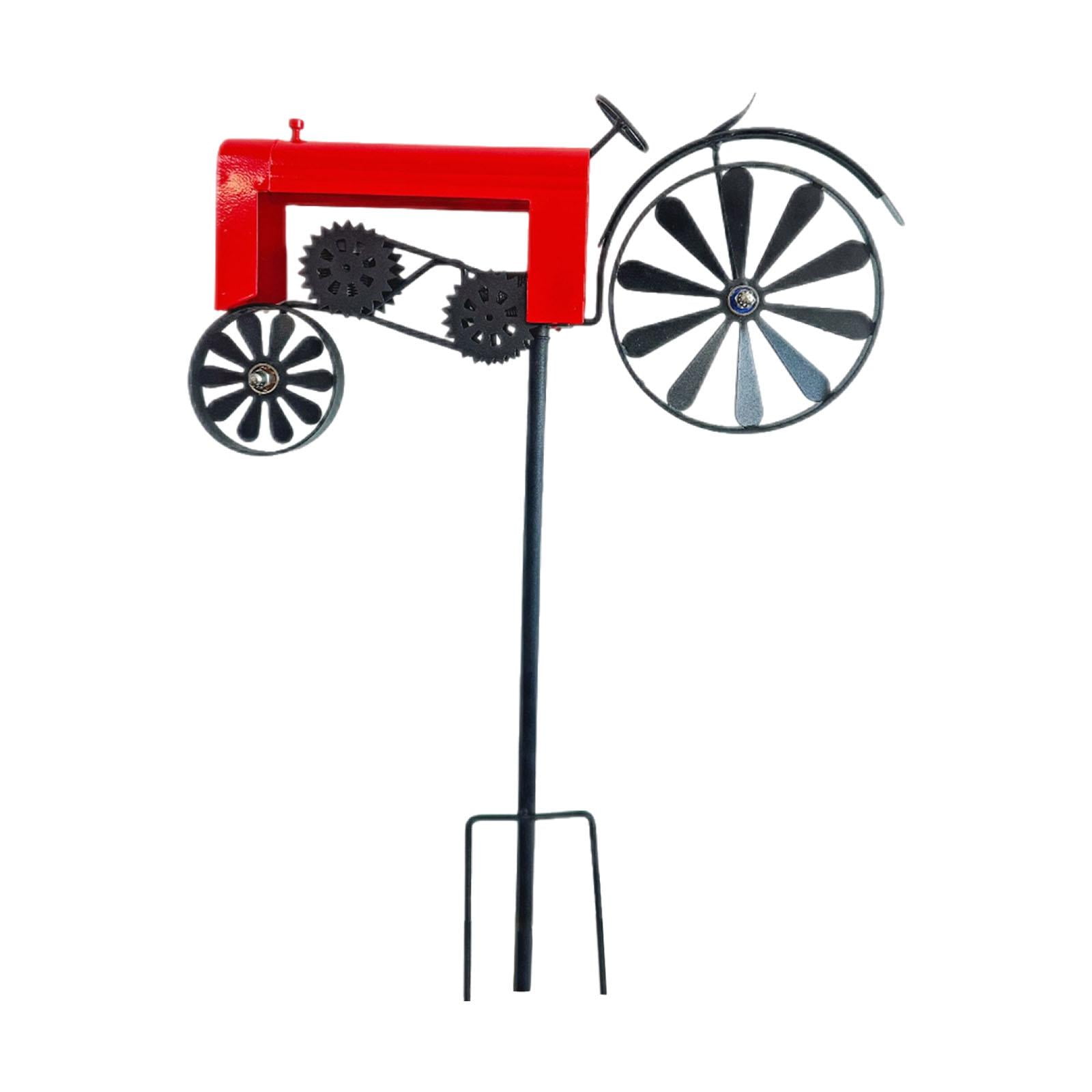 koolsoo Garden Tractor Windmill Ornament Iron Art Sculpture Vintage Tractor Wind Garden Stake for Home Yard Indoor Patio Path red