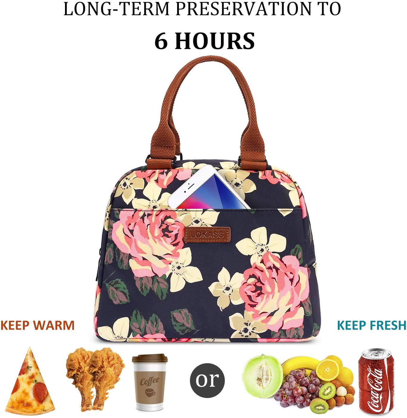 LOKASS Lunch Bag Cooler Bag Women Tote Bag Insulated Lunch Box Water-Resistant Thermal Lunch Bag Soft Leak Proof Liner Lunch Bags for women/Picnic/Boa