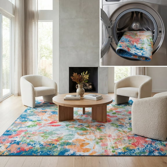 SAFAVIEH Paint Brush Mabelle Abstract Area Rug, Navy/Orange, 5'5" x 7'6"