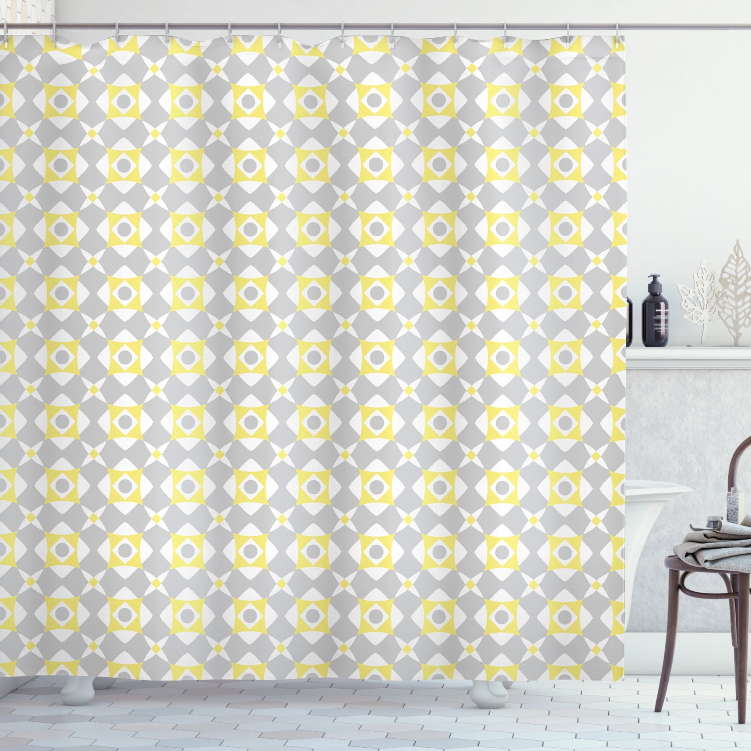 Grey and Yellow Shower Curtain, Tile Inspired Squares Rounds in