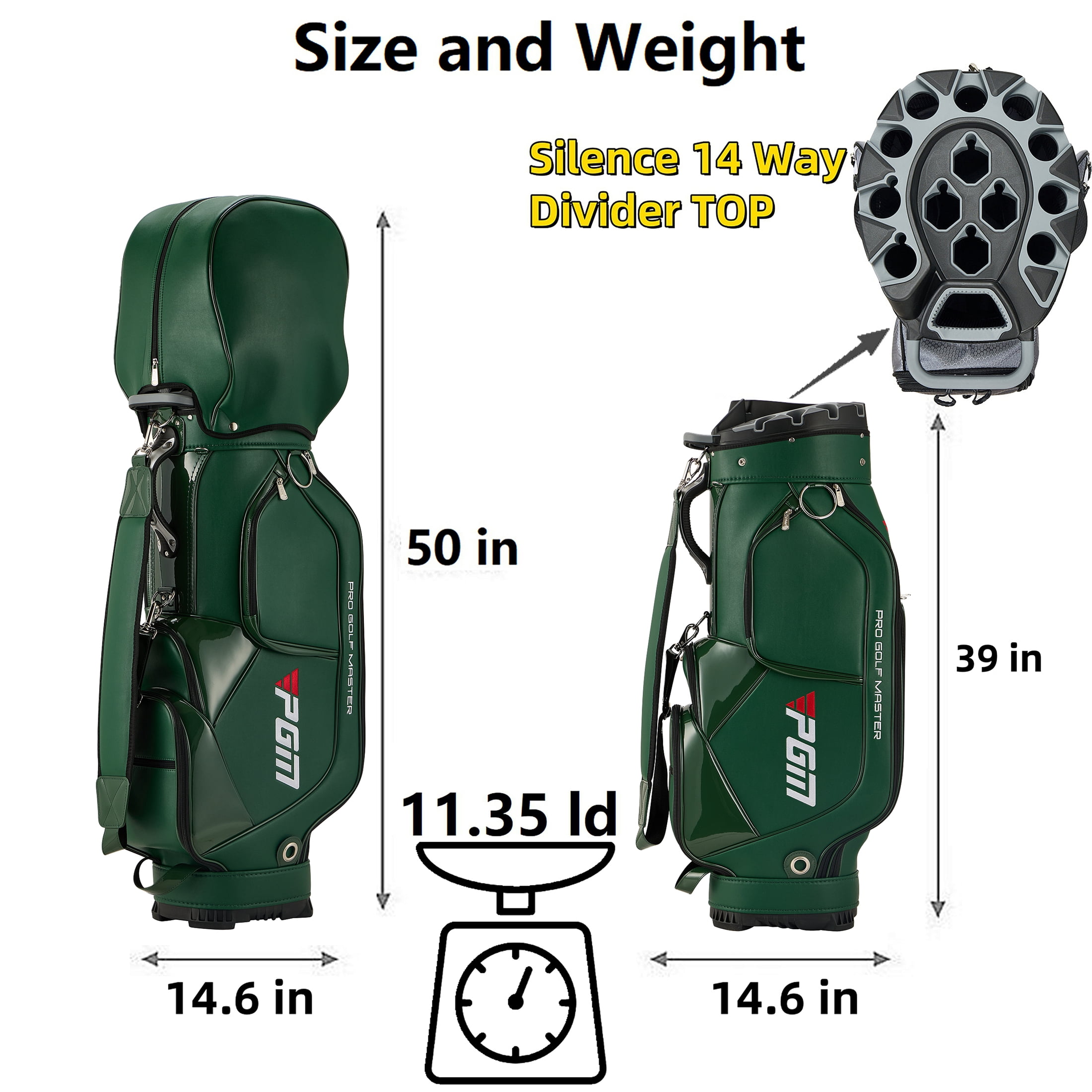 PGM Golf Cart Bag 14 Way Organizer Divider Silent Top Waterproof Bag/Green Leather