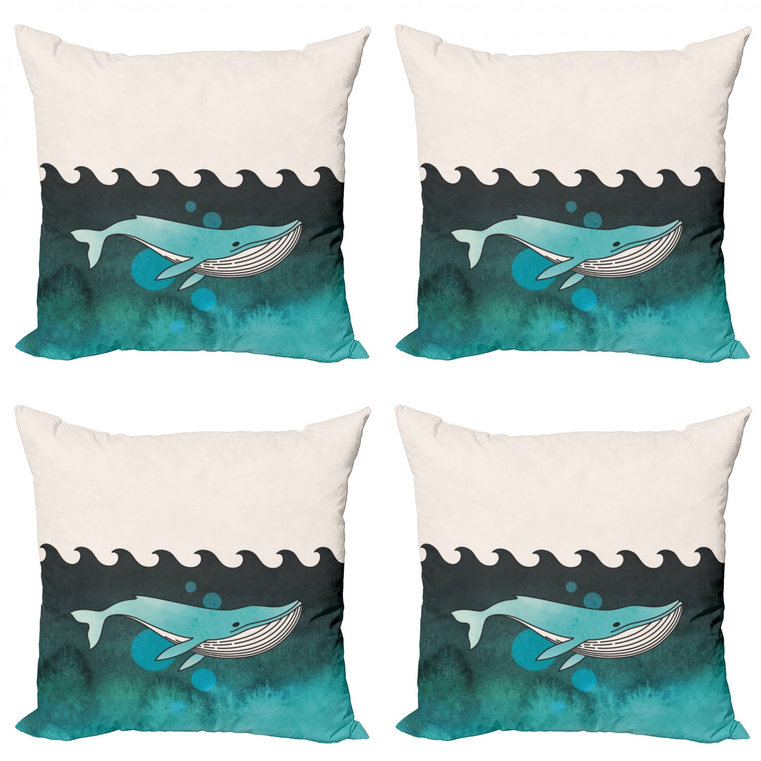 Whale Throw Pillow Cushion Case Pack of 4, Huge Whale Swimming Under the Ocean near an Palm
